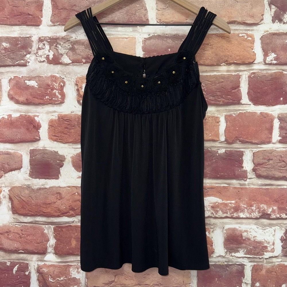 Vintage Ice Top Women's Medium Black Distressed Floral Neck Strappy Shoulders